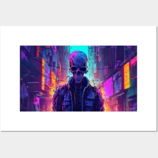 Cyberpunk Neon Ghost Skeleton Posters and Art